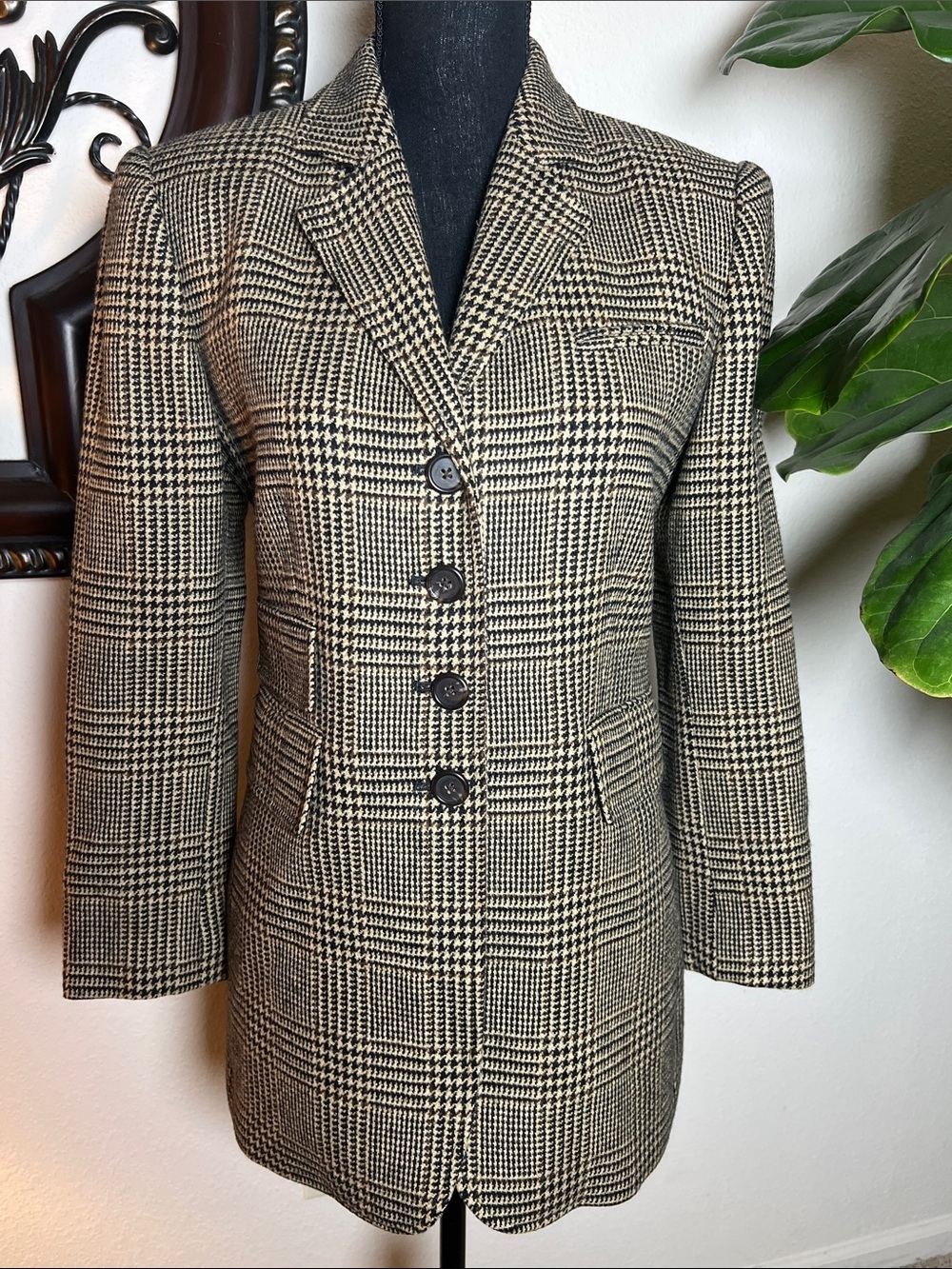 Ralph Lauren Black and Tan Glen Plaid Wool Blazer